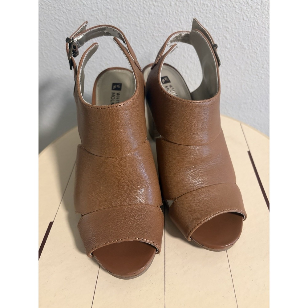 White Mountain~ District~8M~ Brown Leather Peep Toe Slingback Block High Heels - Picture 4 of 14